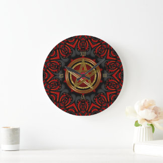 Relógio Grande Símbolo Dourado Pentagrama vermelho-preto gótico