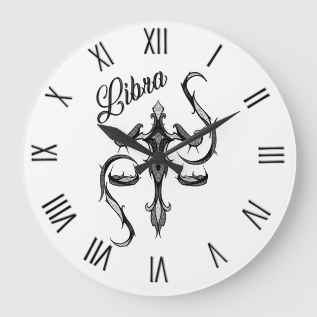 Relógio Grande Símbolo Libra Zodiac com Numeração Romana Negra (Frente)