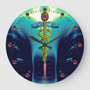 Relógio Grande SÍMBOLO MÉDICO CADUCEU DE OURO Turquesa Azul