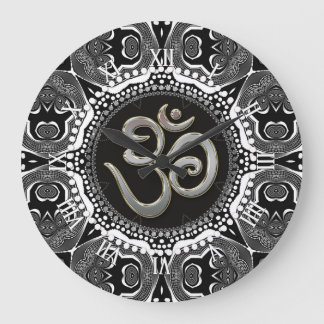 Relógio Grande Símbolo OM Yoga Black White Tribal Mandala Clock