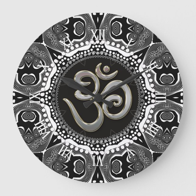 Relógio Grande Símbolo OM Yoga Black White Tribal Mandala Clock (Frente)