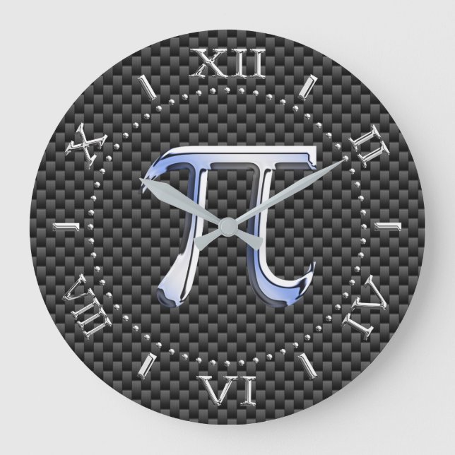Relógio Grande Símbolo Pi de Cromo Prateado em Discagem de Carbon (Frente)