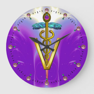 Relógio Grande SÍMBOLO VETERINÁRIO do CADUCEUS DOURADO/roxo azul