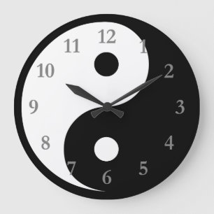 Relógio Grande Símbolo Yin Yang branco/preto com números de Cinza