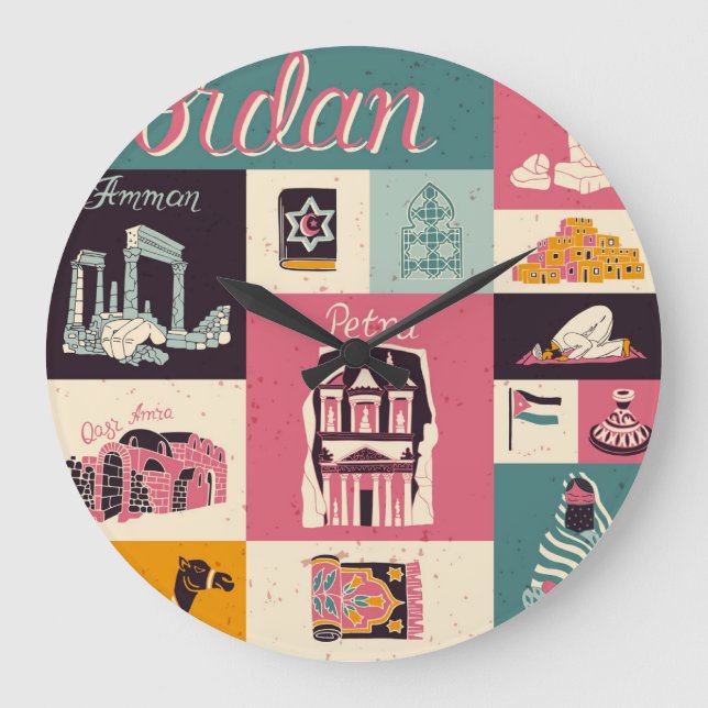 Relógio Grande Símbolos Ilustrados Retro-Cultura Da Jordânia (Frente)