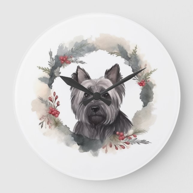 Relógio Grande Skye Terrier Christmas Wreath Festivo Pup (Frente)