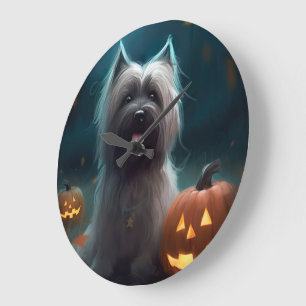 Relógio Grande Skye Terrier de Halloween com Abóboras Assustadora