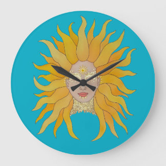 Relógio Grande Sol de ouro amarelo turquesa inspirado
