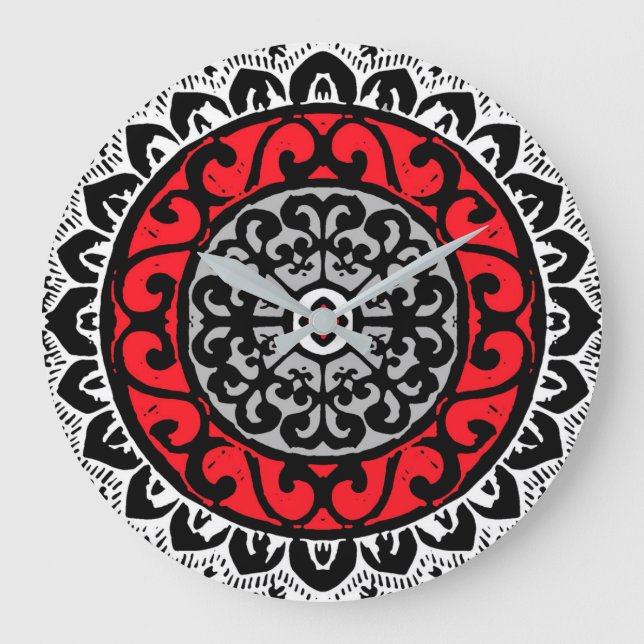 Relógio Grande Sol do Sudoeste Mandala Batik, Vermelho, Preto e B (Frente)