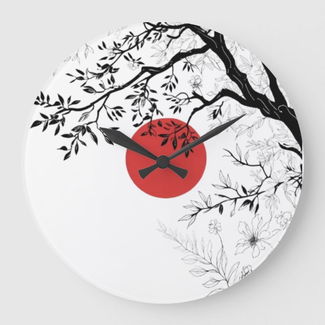 Relógio Grande Sol Vermelho Japonês e Arte de Árvore com Pincel (Frente)