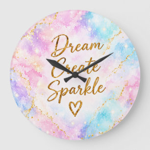 Relógio Grande Sonhar Criar Brilho Pastel Aquarela Dourado Rosa