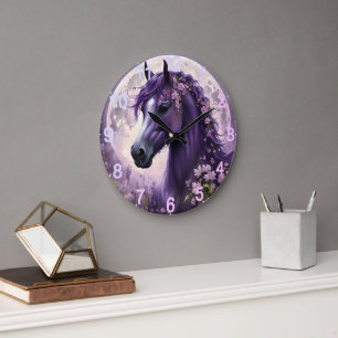 Relógio Grande "Sonhos Floridos: O Cavalo Fantasia Floral Roxa"