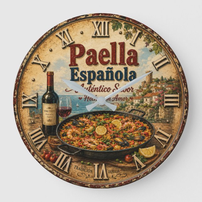 Relógio Grande Spanish Paella Rustic Mediterranean Kitchen  (Frente)