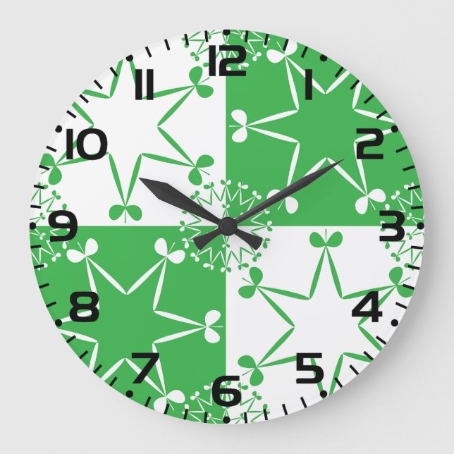 Relógio Grande St Patricks Day Green Clover Star Geometric (Frente)