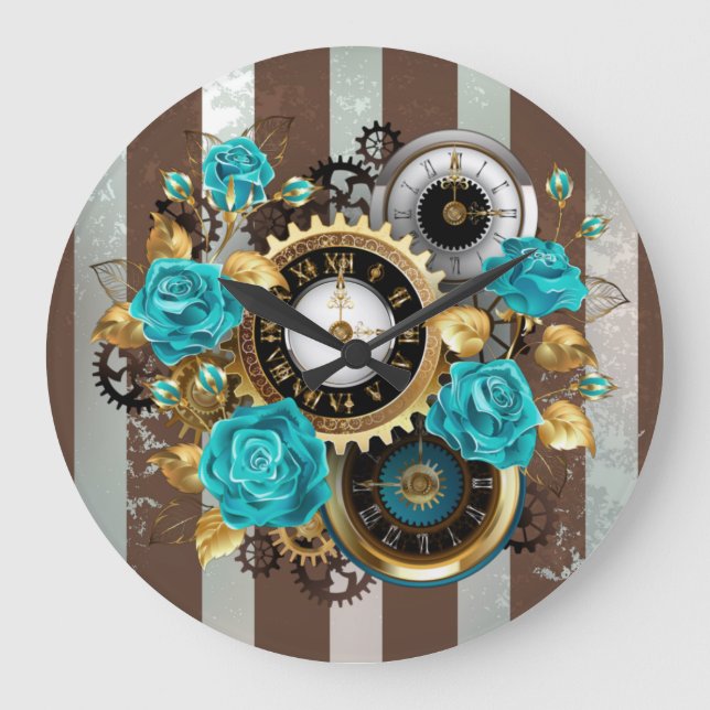Relógio Grande Steampunk Clock and Turquoise Roses on Striped (Frente)