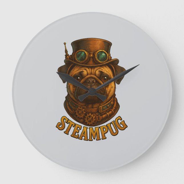 Relógio Grande Steampunk Pug Wall Clock - vintage "Steampug" (Frente)