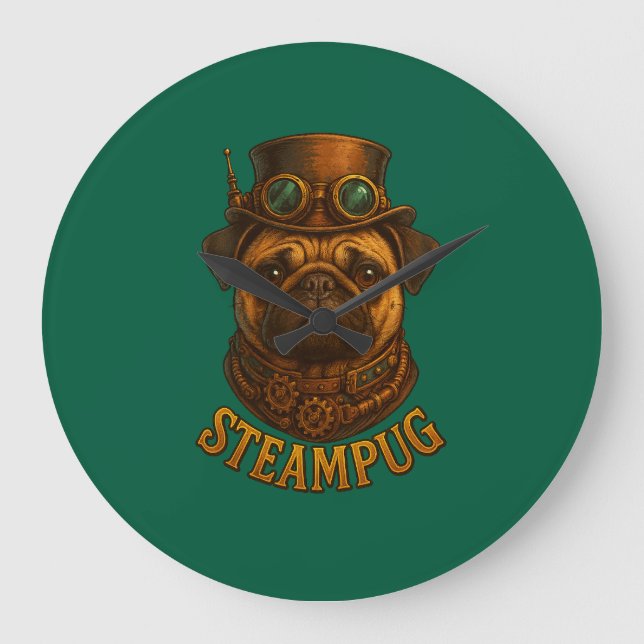 Relógio Grande Steampunk Pug Wall Clock - vintage "Steampug" (Frente)