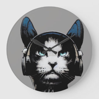 Relógio Grande Street Art Cat With Headphones Clock