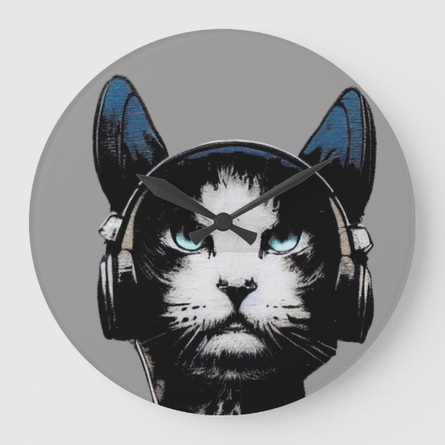 Relógio Grande Street Art Cat With Headphones Clock (Frente)
