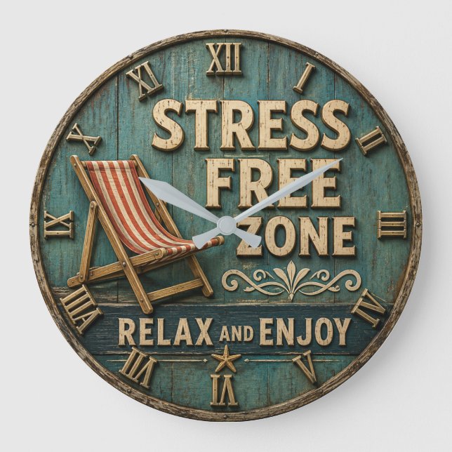 Relógio Grande Stress Free Zone Rustic Coastal Beach House Decor (Frente)