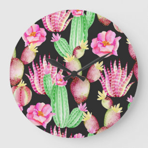 Relógio Grande Suculentes de aquarelas: padrão floral de cacto.