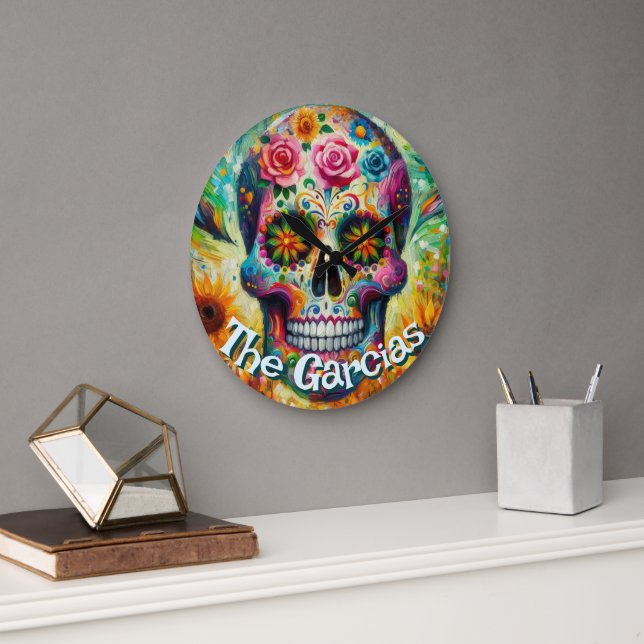 Relógio Grande Sugar Skull Day of the Dead Floral Personalized (Escritório)