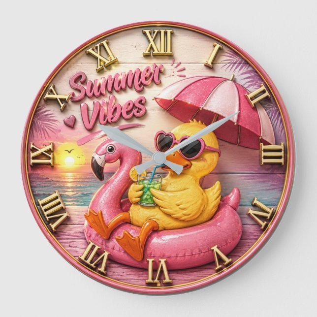 Relógio Grande Summer Vibes Duck Cute Flamingo Pool Float Beach (Frente)