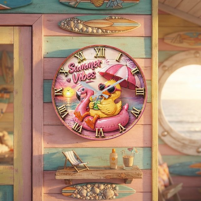 Relógio Grande Summer Vibes Duck Cute Flamingo Pool Float Beach (Criador carregado)