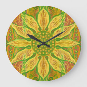 Relógio Grande Sun Flower bohemian art amarelo laranja verde