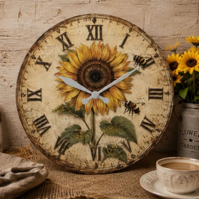 Relógio Grande Sunflower & Bumble Bee Rustic Farmhouse (Criador carregado)