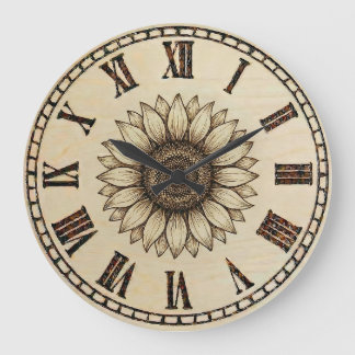 Relógio Grande Sunflower Wood Burned Wall Clock