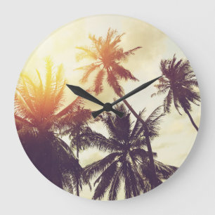 Relógio Grande Sunset tropical: Palm Silhouette Vintage