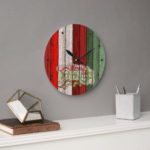 Relógio Grande Tablas de Madeira Envelhecida Verde Vermelho Escur