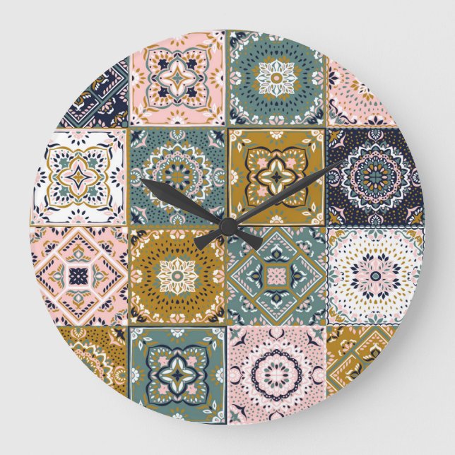 Relógio Grande Talavera Indian: Patchwork, Ethnic Mosaic. (Frente)