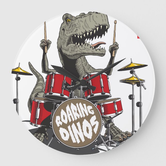 Relógio Grande Tambores Dinossauros Tocando Ilustração Vintage (Frente)
