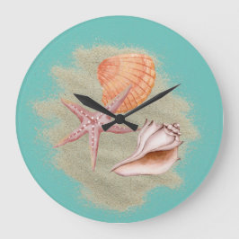 Relógio Grande Tan Seashells Sand on Beach Wall Clock