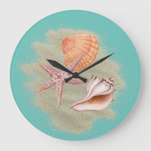 Relógio Grande Tan Seashells Sand on Beach Wall Clock