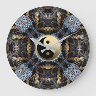 Relógio Grande Tapeçaria Fractal Azul Dourada com Símbolo Yin Yan