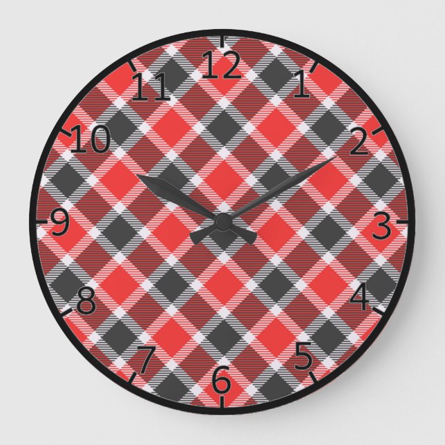 Relógio Grande Tartan Vermelho E Preto (Frente)