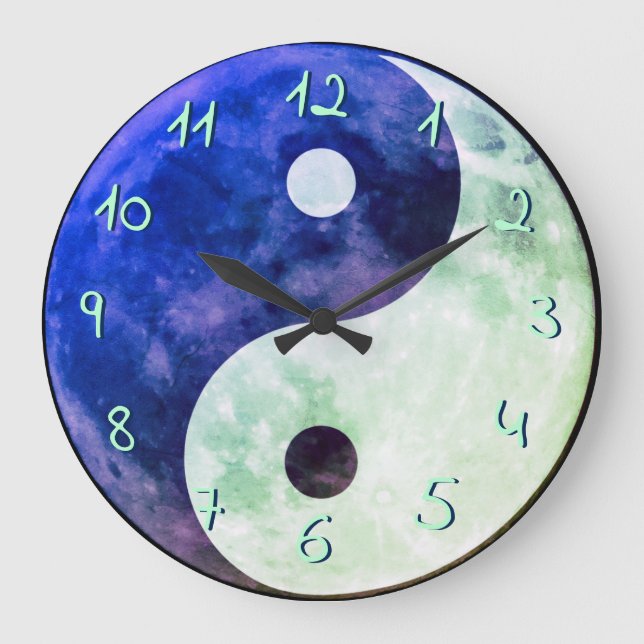 Relógio Grande Teal Blue Green Yin Yang Moon European Numbers (Frente)
