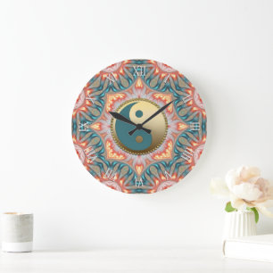 Relógio Grande Teal Dourado Yin Yang Feng Shui Fire