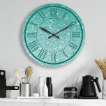 Relógio Grande Teal Glitter Roman Numeral Sparkle Girly<br><div class="desc">Teal Glitter Roman Numeral Sparkle Girly Large Clock</div>