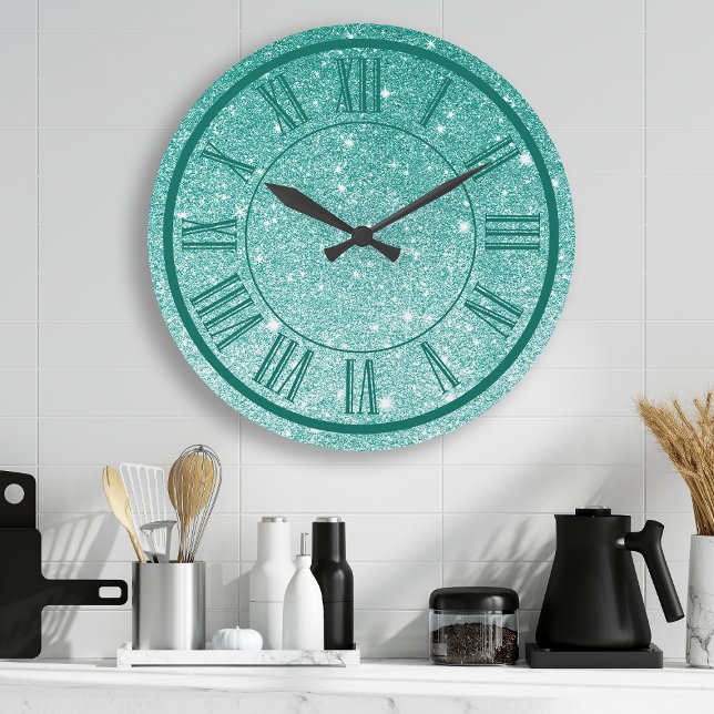 Relógio Grande Teal Glitter Roman Numeral Sparkle Girly (Criador carregado)