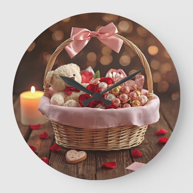 Relógio Grande Teddy Rose Basket Romantic Valentines Decorative (Frente)