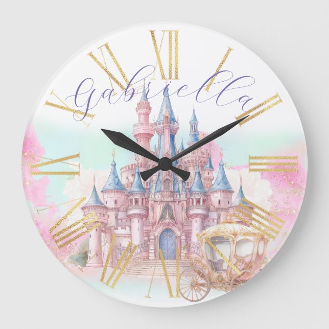 Relógio Grande Tema da Fada de Aquarela Castelo e Carruagem (Frente)