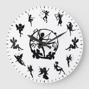 Relógio Grande Tema de Silhuetas Pretas de Fadas Lindas e Únicas
