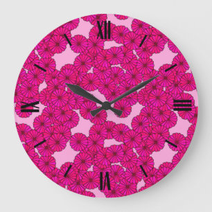 Relógio Grande Teste padrão de flor do art deco - magenta no ros