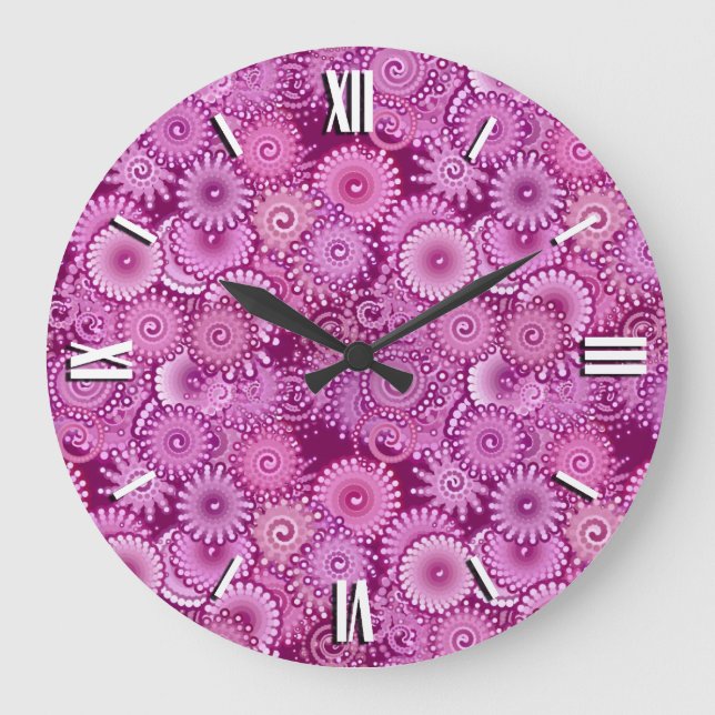 Relógio Grande Teste padrão do redemoinho, roxo, rosa, ameixa, (Frente)