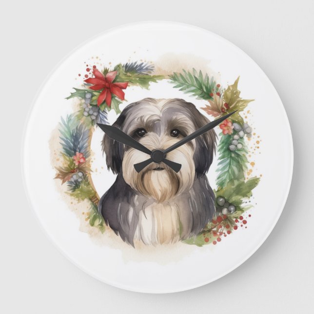 Relógio Grande Tibetano Terrier Christmas Wreath Festivo Pup (Frente)