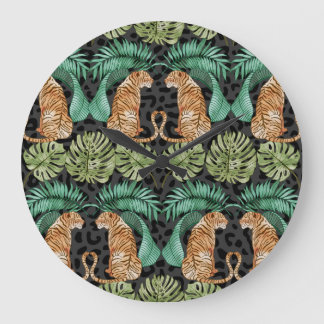 Relógio Grande Tiger Leaves: Selva De Aquarela Sem Costura.